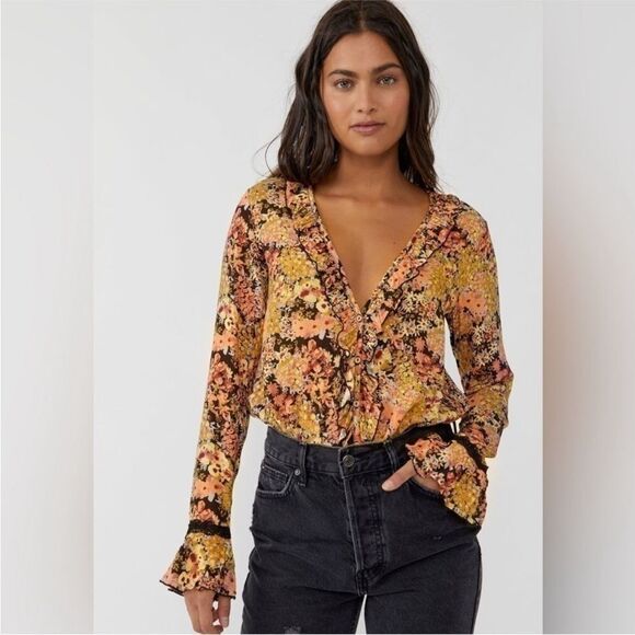 FREE PEOPLE Heat Wave Floral Long Sleeve Thong Bodysuit V-Neck Orange‎ Black New - Picture 14 of 14